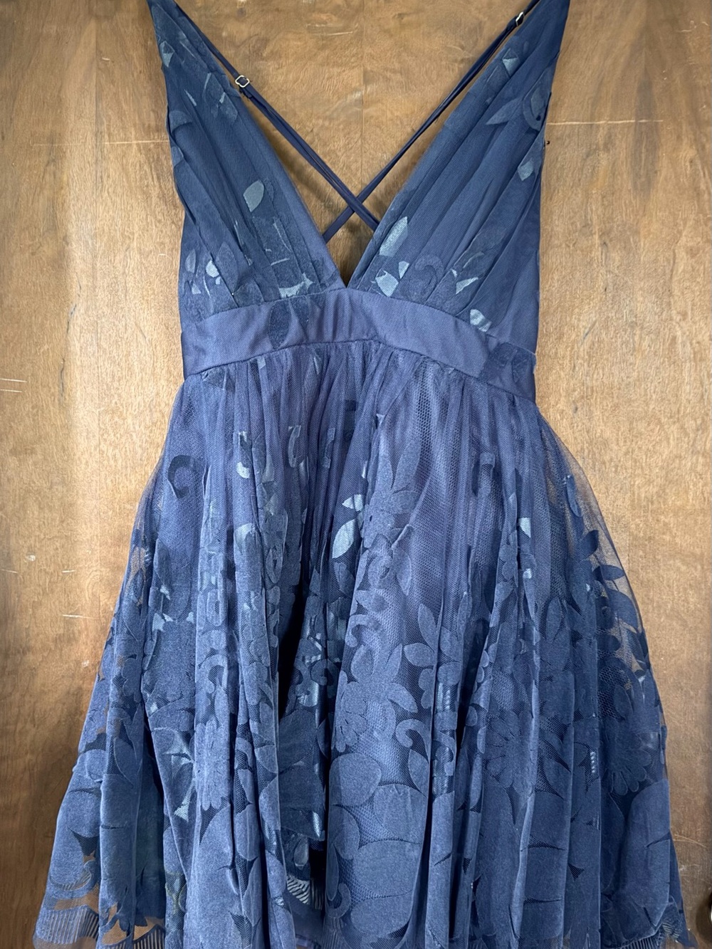 Backless Navy Floral Lace Evening Dress with Crisscross Straps